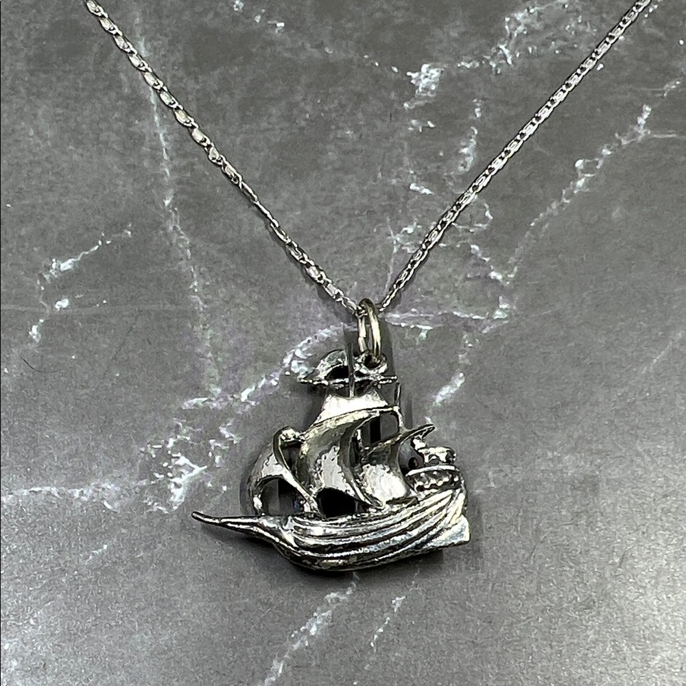 Sterling Silver Pirate Ship Nautical Pendant Necklace - Picture 2 of 14